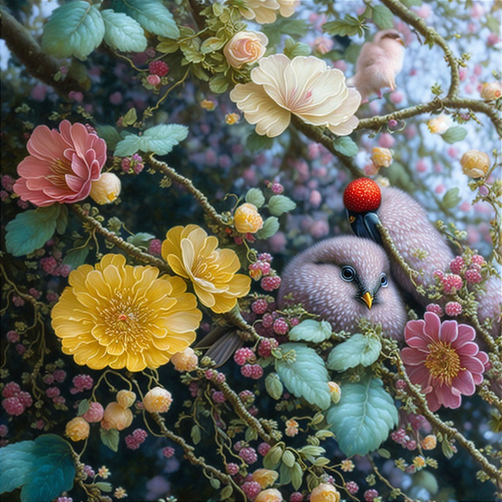 Whimsical Cartoon Birds Among Colorful Flowers and Foliage