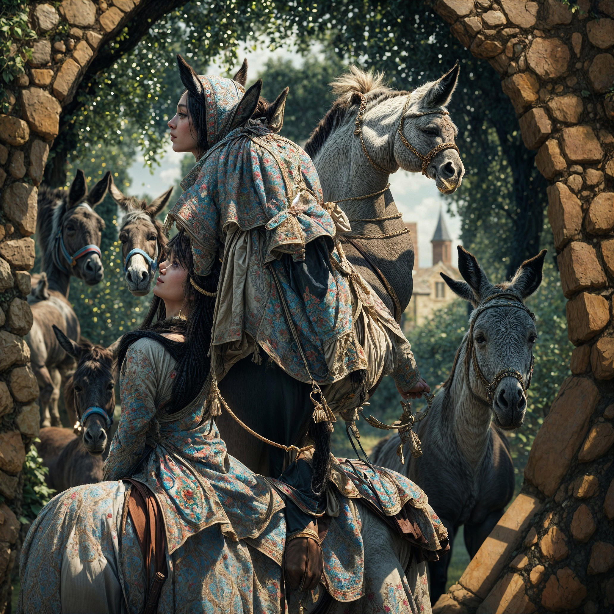Women in Historical Garments on Ornate Horse