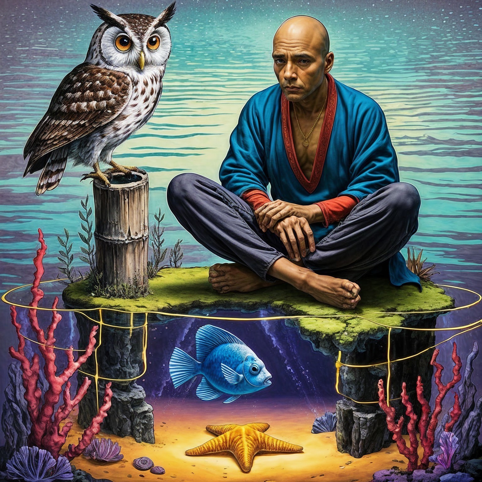 Contemplative Man with Owl by Water and Coral Scene