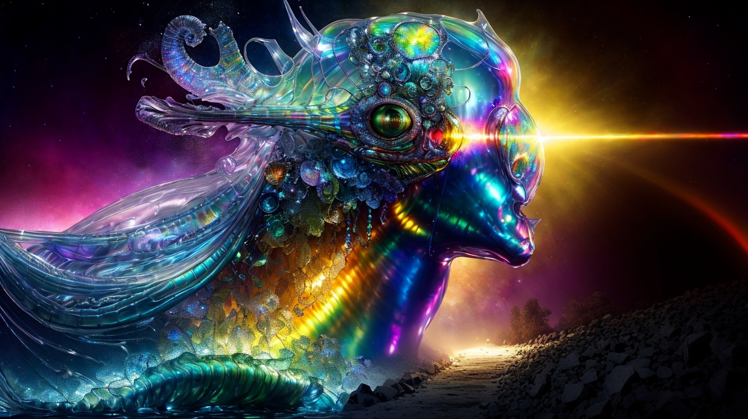 Iridescent Serpentine Creature in Cosmic Landscape