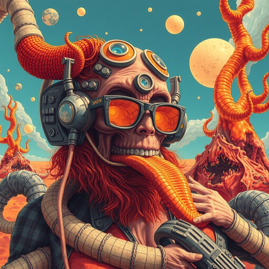 Cyborg Figure in Surreal Sci-Fi Landscape