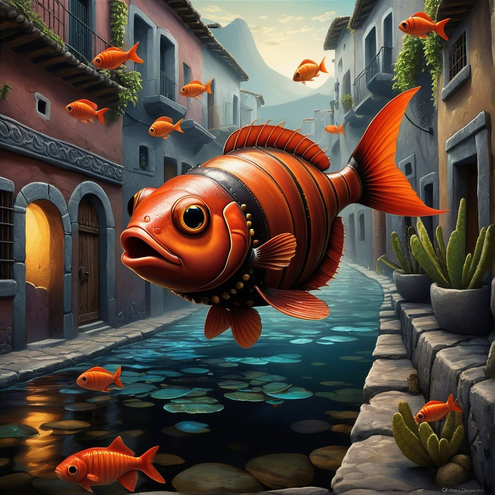 Vibrant Fish and Scenic Village Canal Landscape