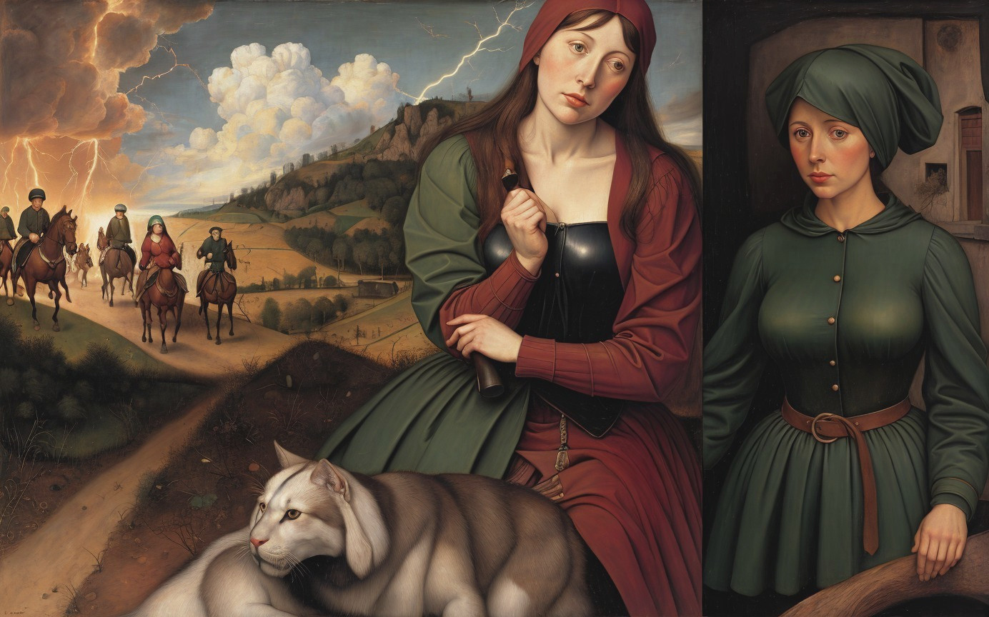 Renaissance Scene with Women, Cat, and Stormy Landscape