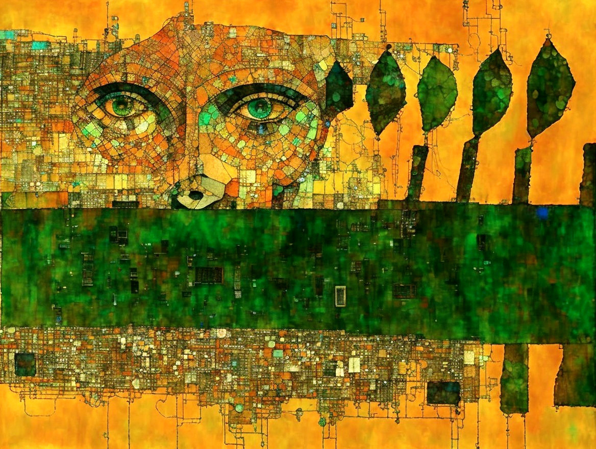 Vibrant Abstract Artwork with Mosaic Face and Trees