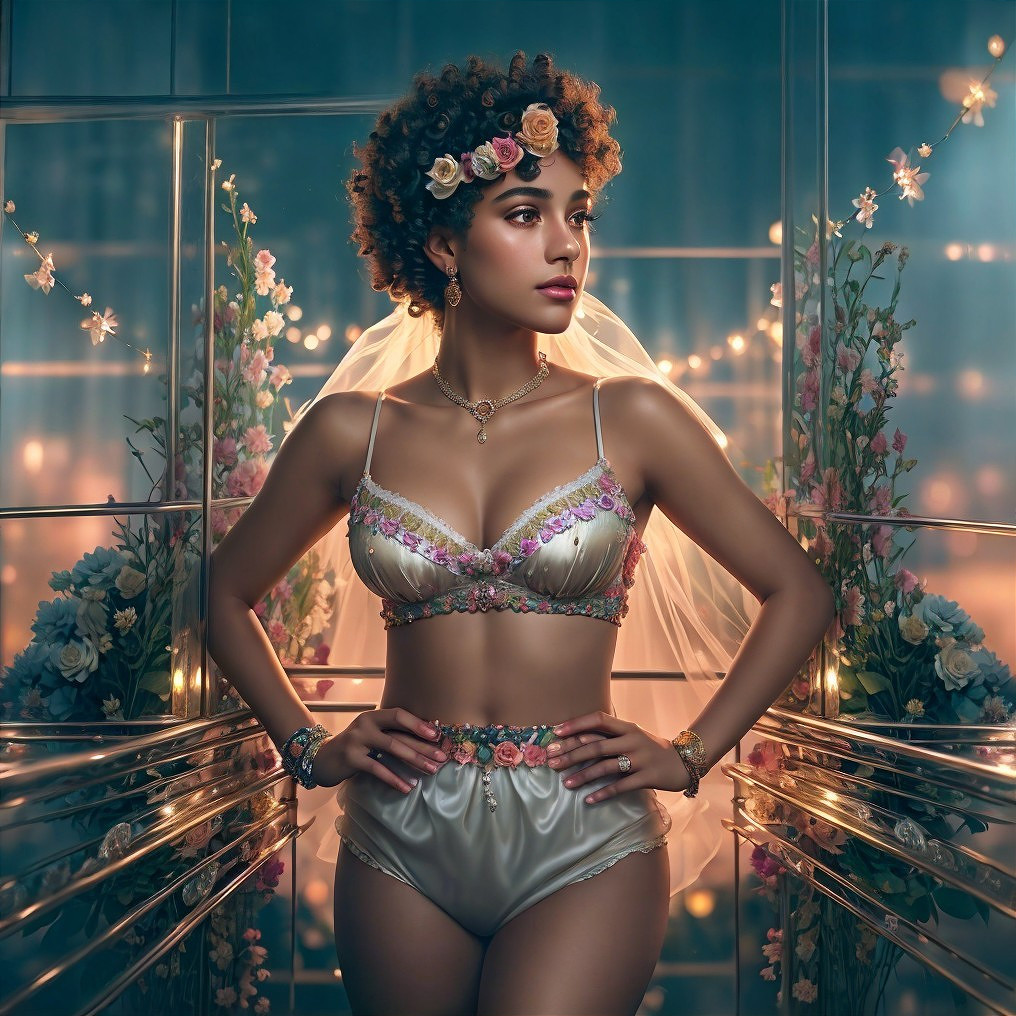 Elegant Woman in Silk Lingerie with Floral Accents