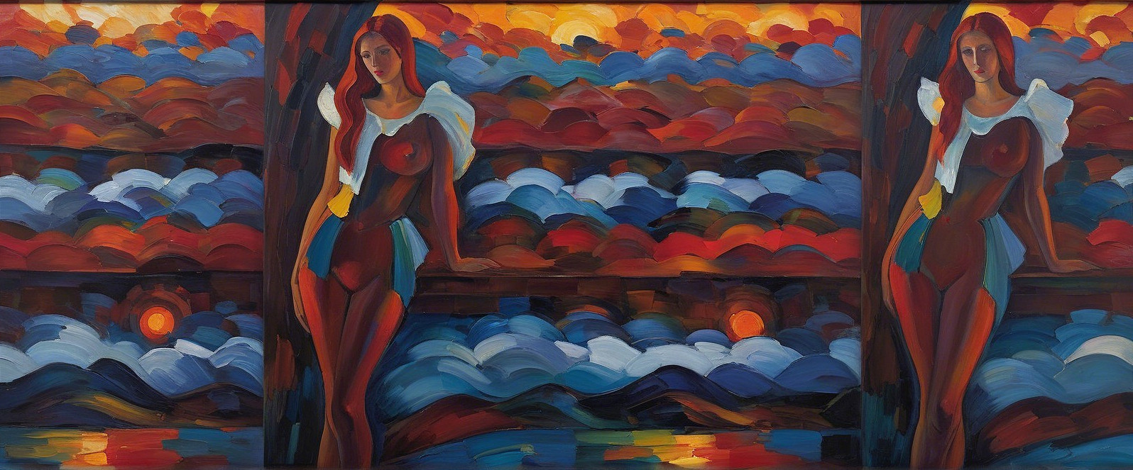 Triptych Artwork with Stylized Female Figure and Landscape