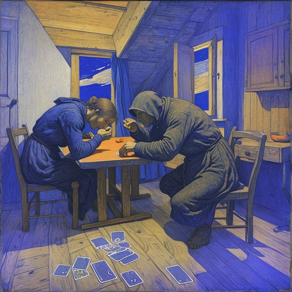 Two figures in a cozy wooden room with cards