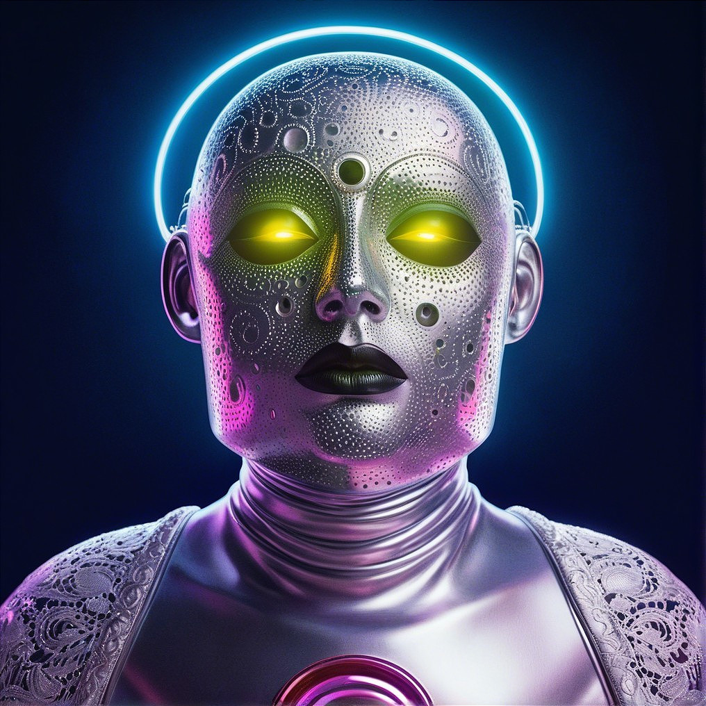 Futuristic humanoid robot with glowing accents and halo