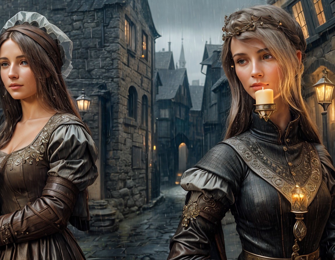 Medieval Town Scene with Women in Traditional Attire