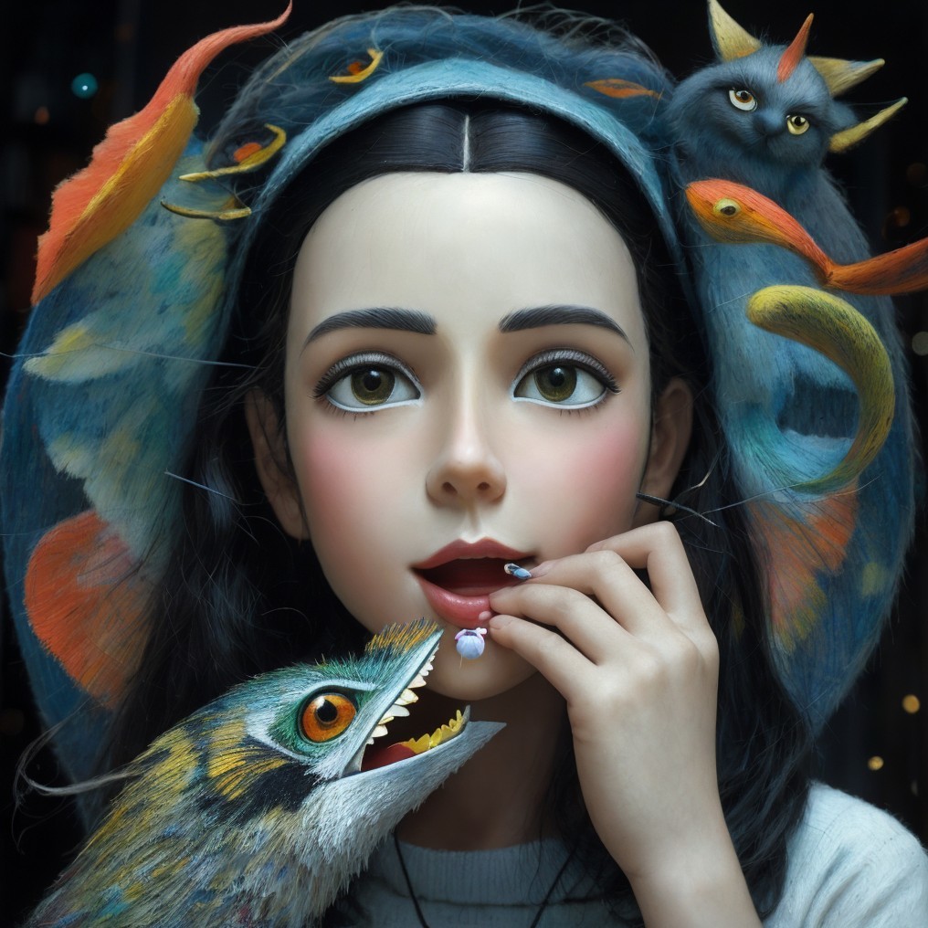 Young woman with pearl and whimsical underwater creatures