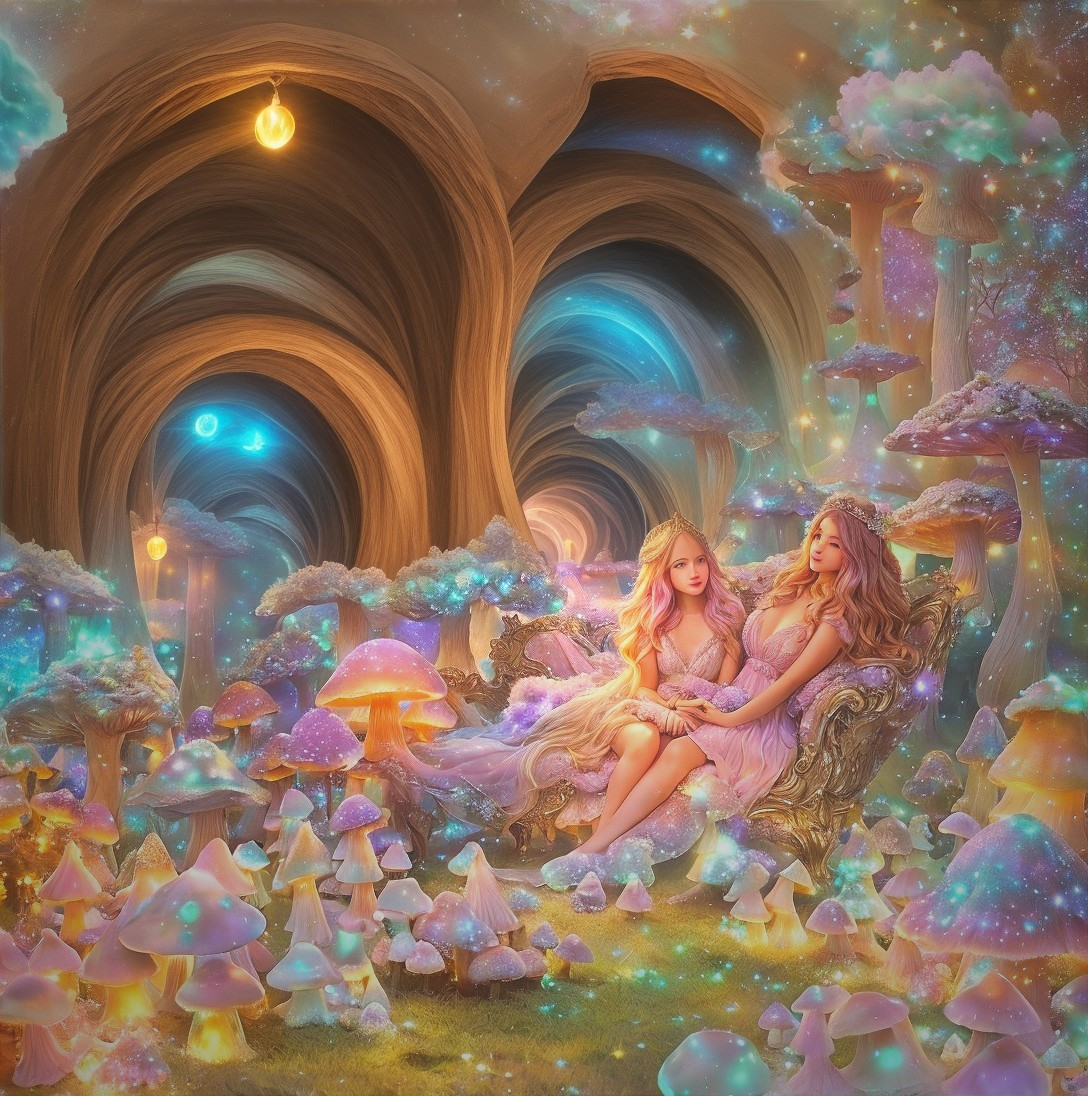 Ethereal Realm with Figures and Glowing Mushrooms