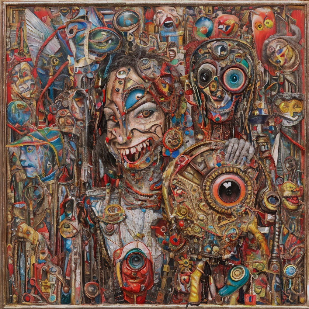 Vibrant Surreal Artwork with Humanoid Figures and Gears