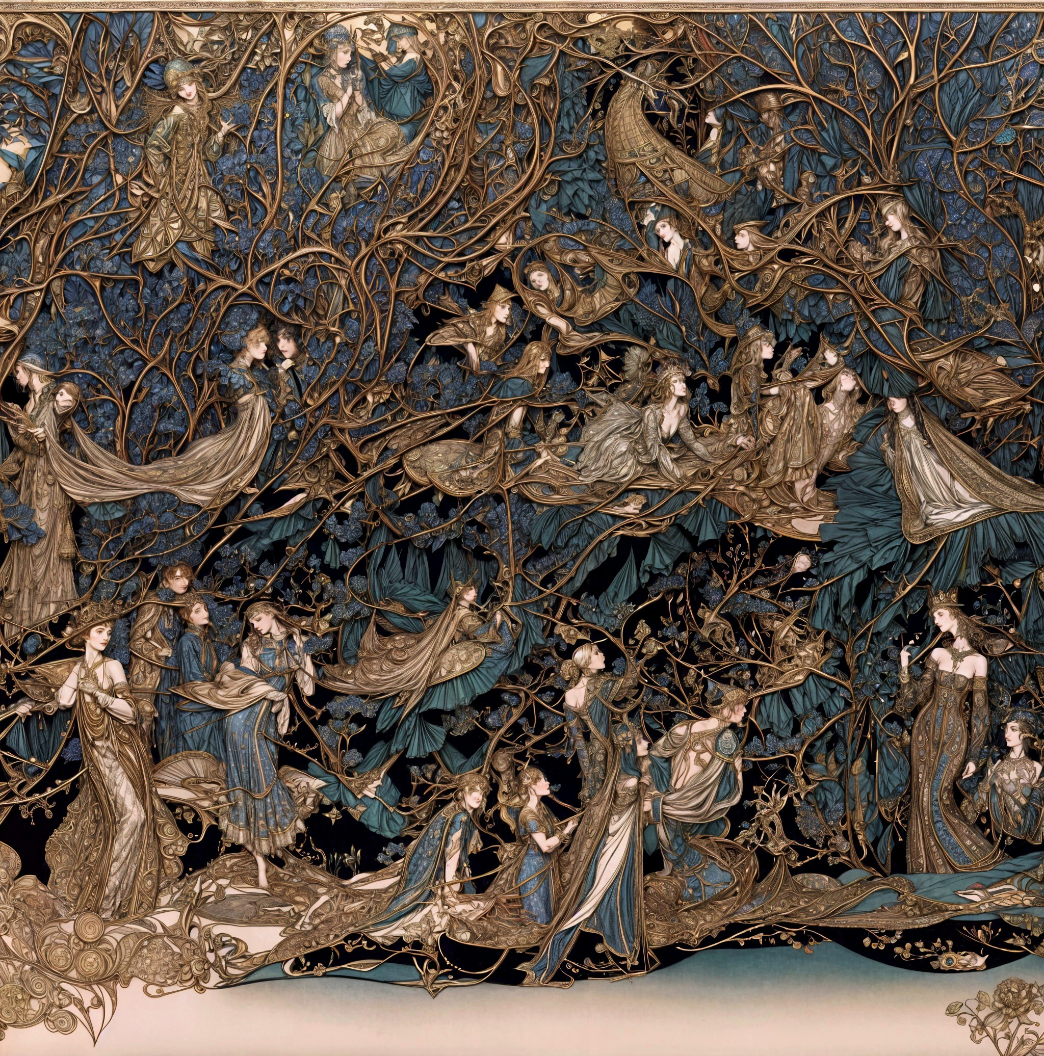 Ethereal figures among golden-brown branches and blue backdrop