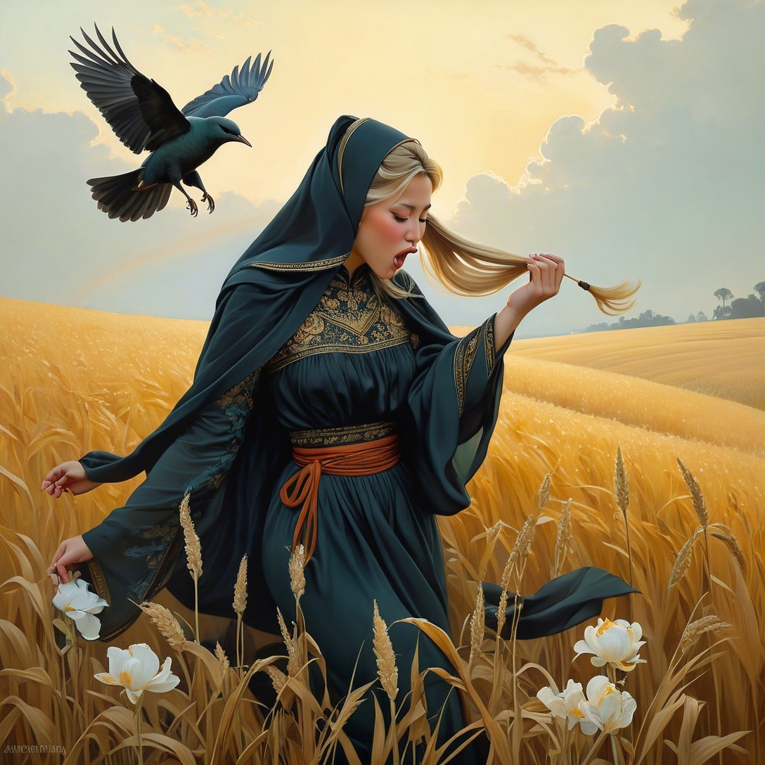 Woman in Dark Gown in Golden Wheat Field at Sunset
