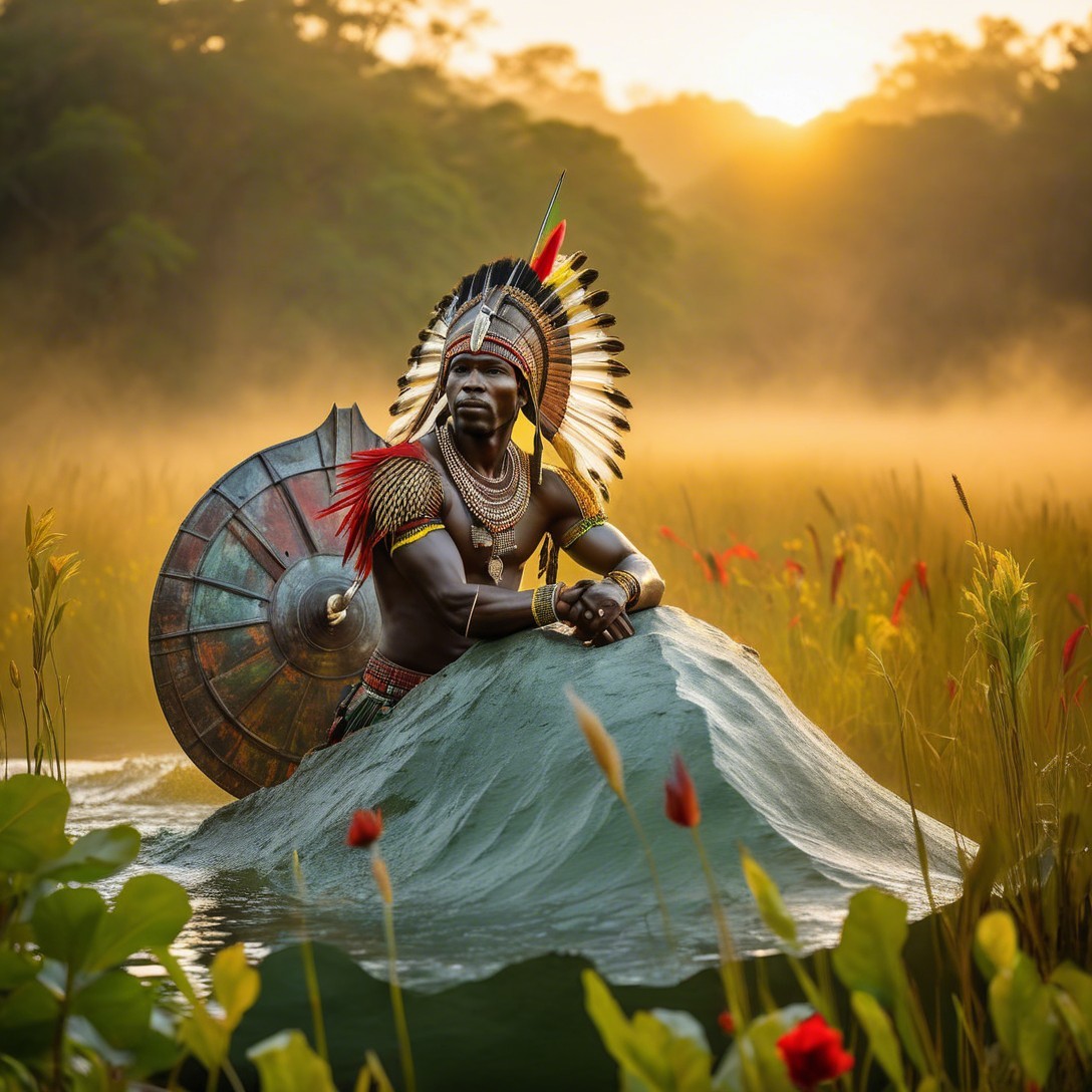 Majestic Warrior in Misty Landscape with Tribal Armor