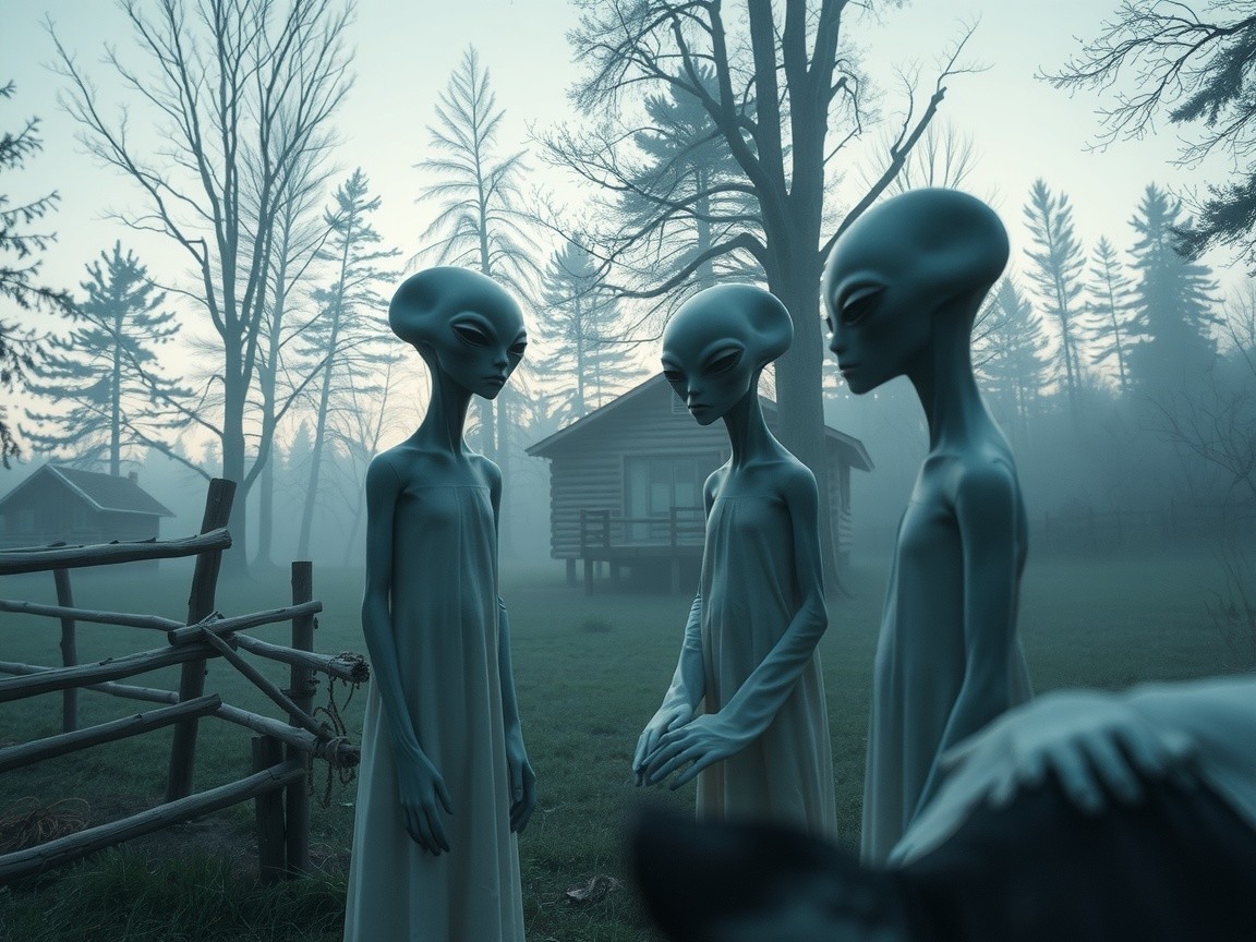 Three Aliens in a Misty Forest Clearing with Cabin