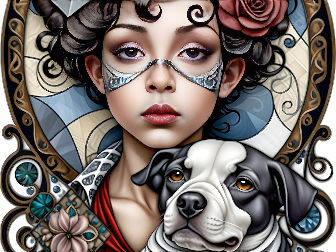 Young girl with mask and dog in decorative setting