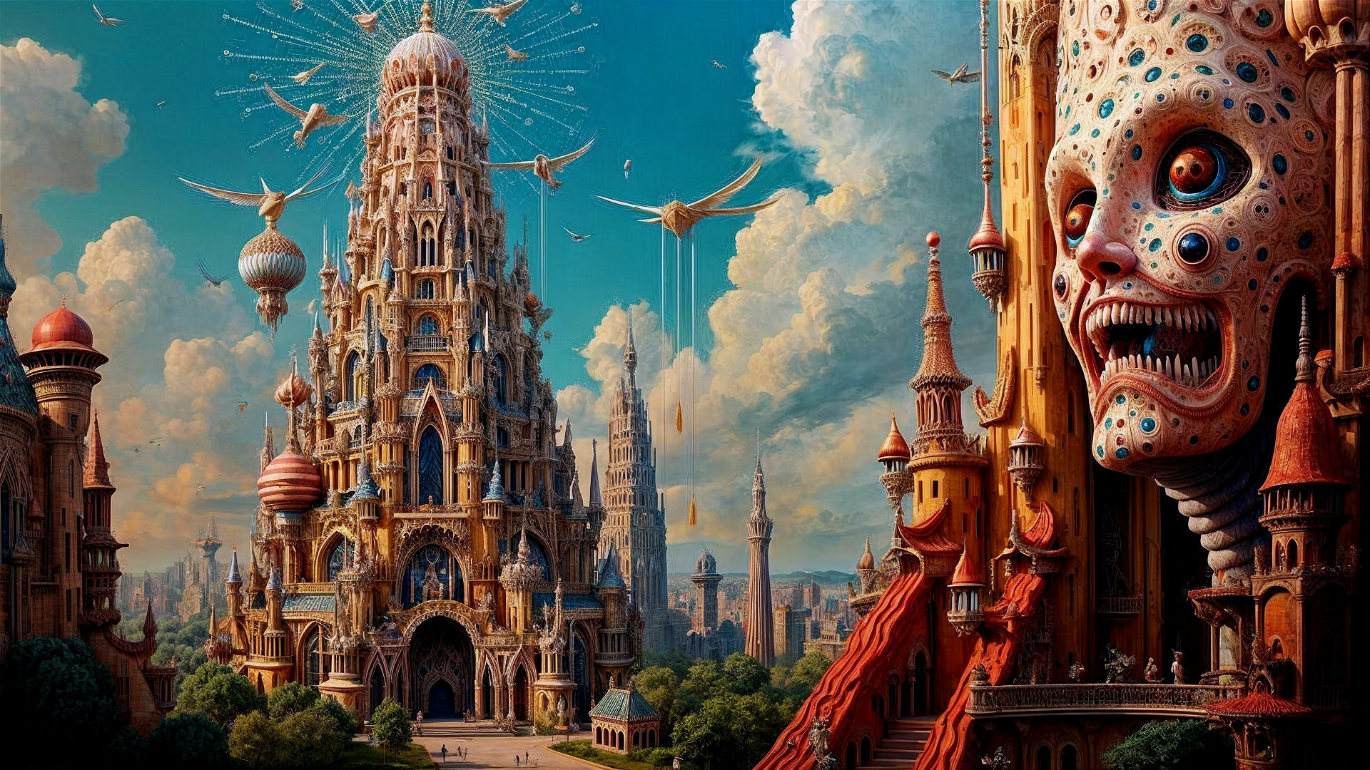 Fantastical Landscape with Surreal Structures and Airships