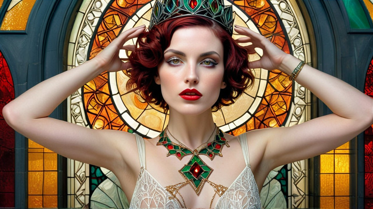 Elegant Woman in Stained Glass Setting with Jewelry