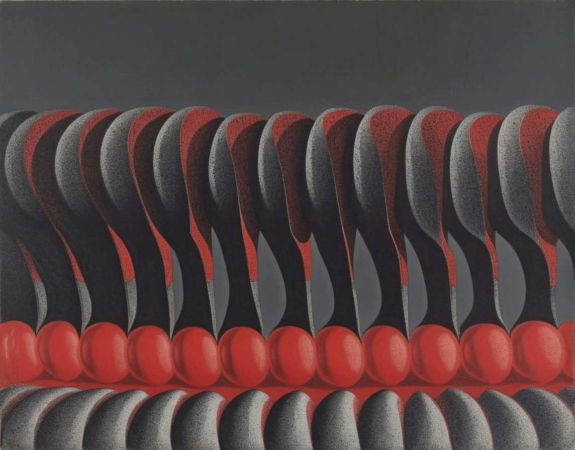 Elongated Black and Red Shapes on Gray Background