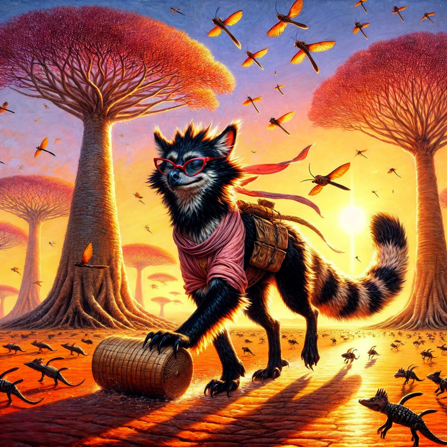 Whimsical Creature in Vibrant Sunset Landscape