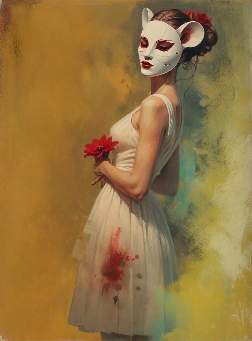 Woman in White Dress with Red Flower and Mask