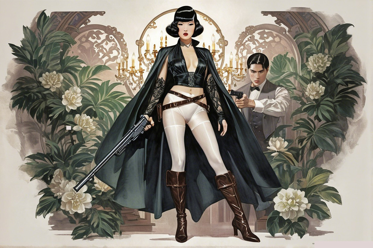 Confident Woman in Dark Cape with Gun and Cigarette