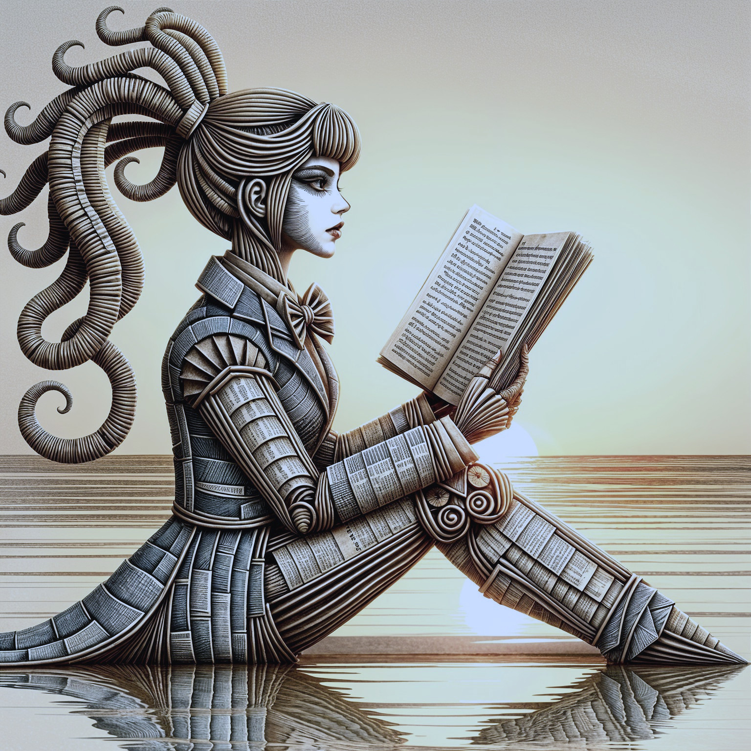 Robotic Figure Reading by Serene Water at Sunset