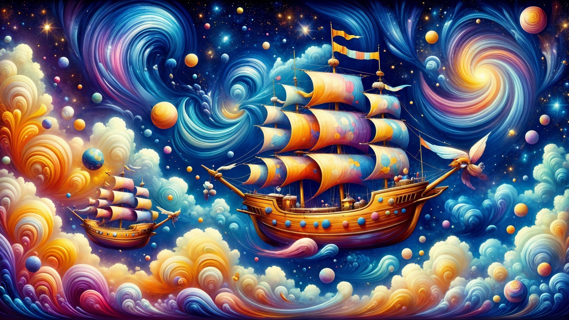 Old Galactic Voyage: old Ships in a old Colorful Dream