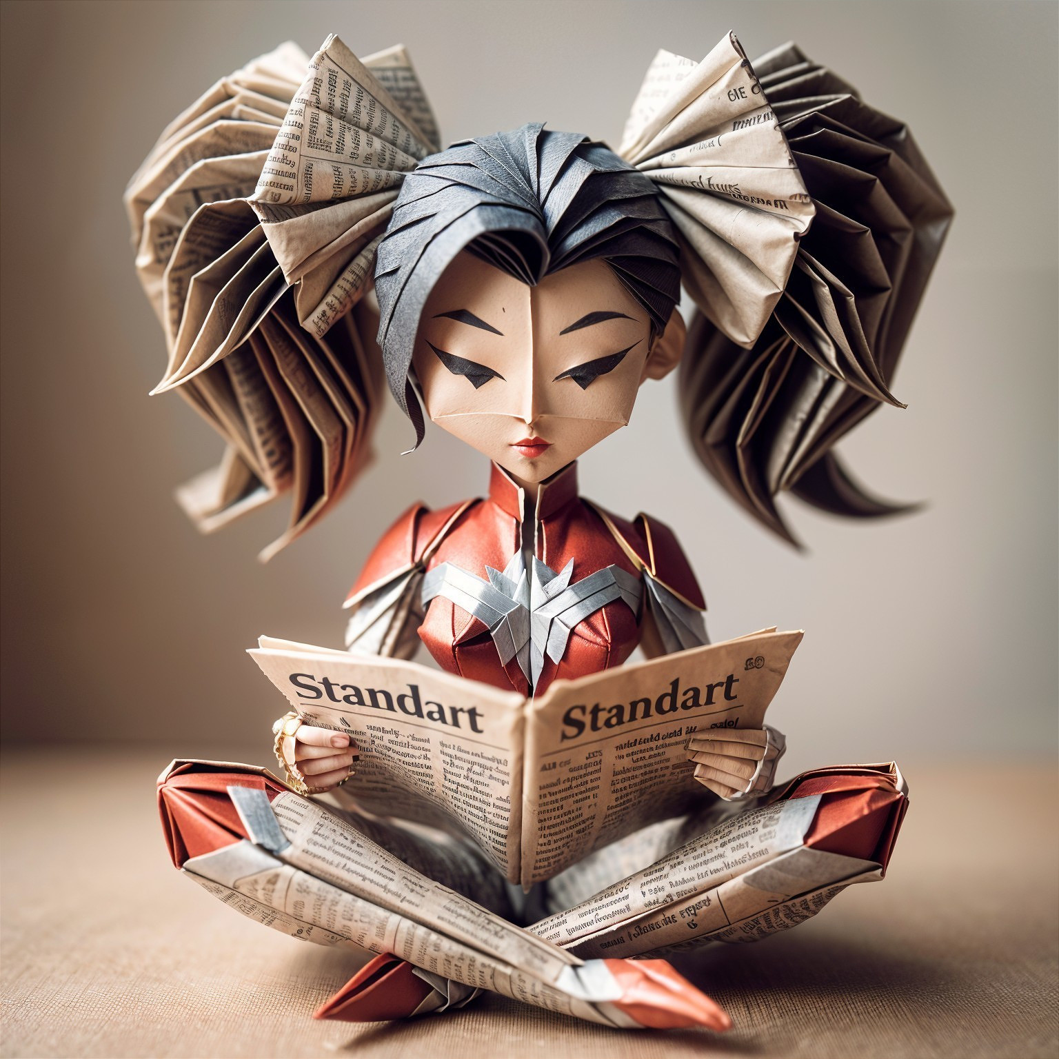Whimsical Paper-Crafted Character Reading a Newspaper
