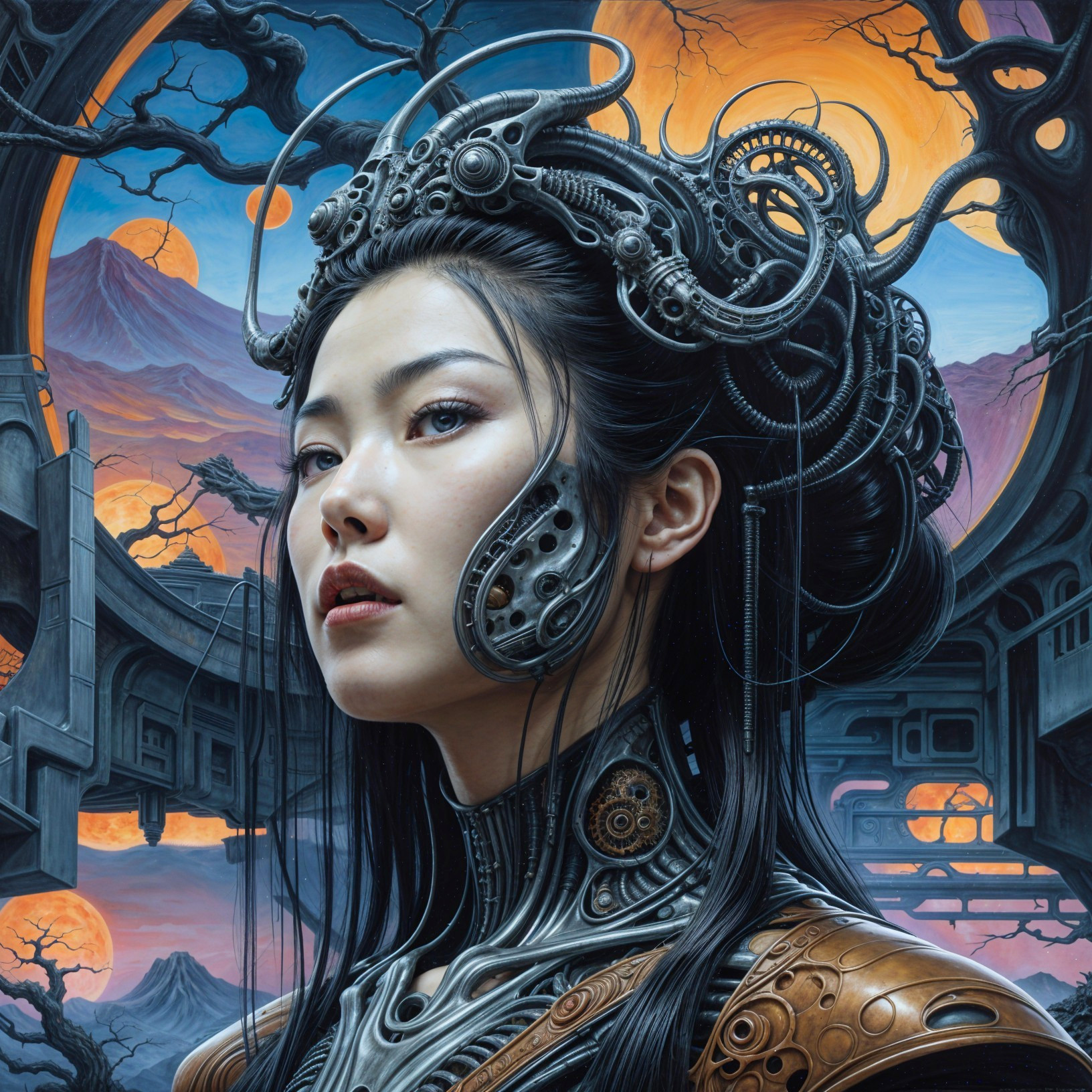 Cybernetic Young Woman in Surreal Landscape