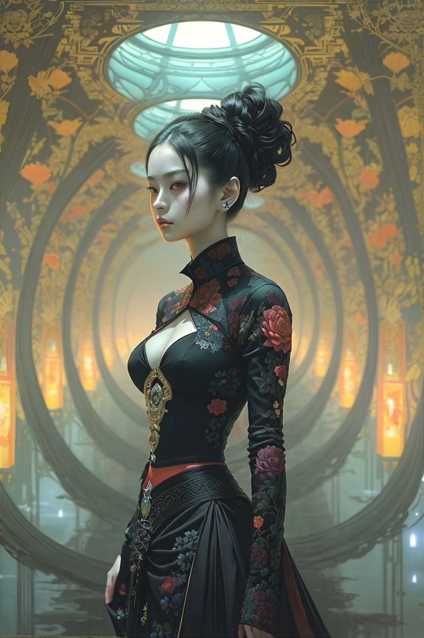 Elegant Woman in Black Dress with Floral Patterns