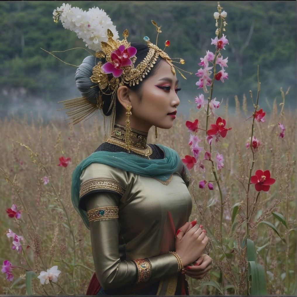 Young woman in traditional attire among vibrant flowers