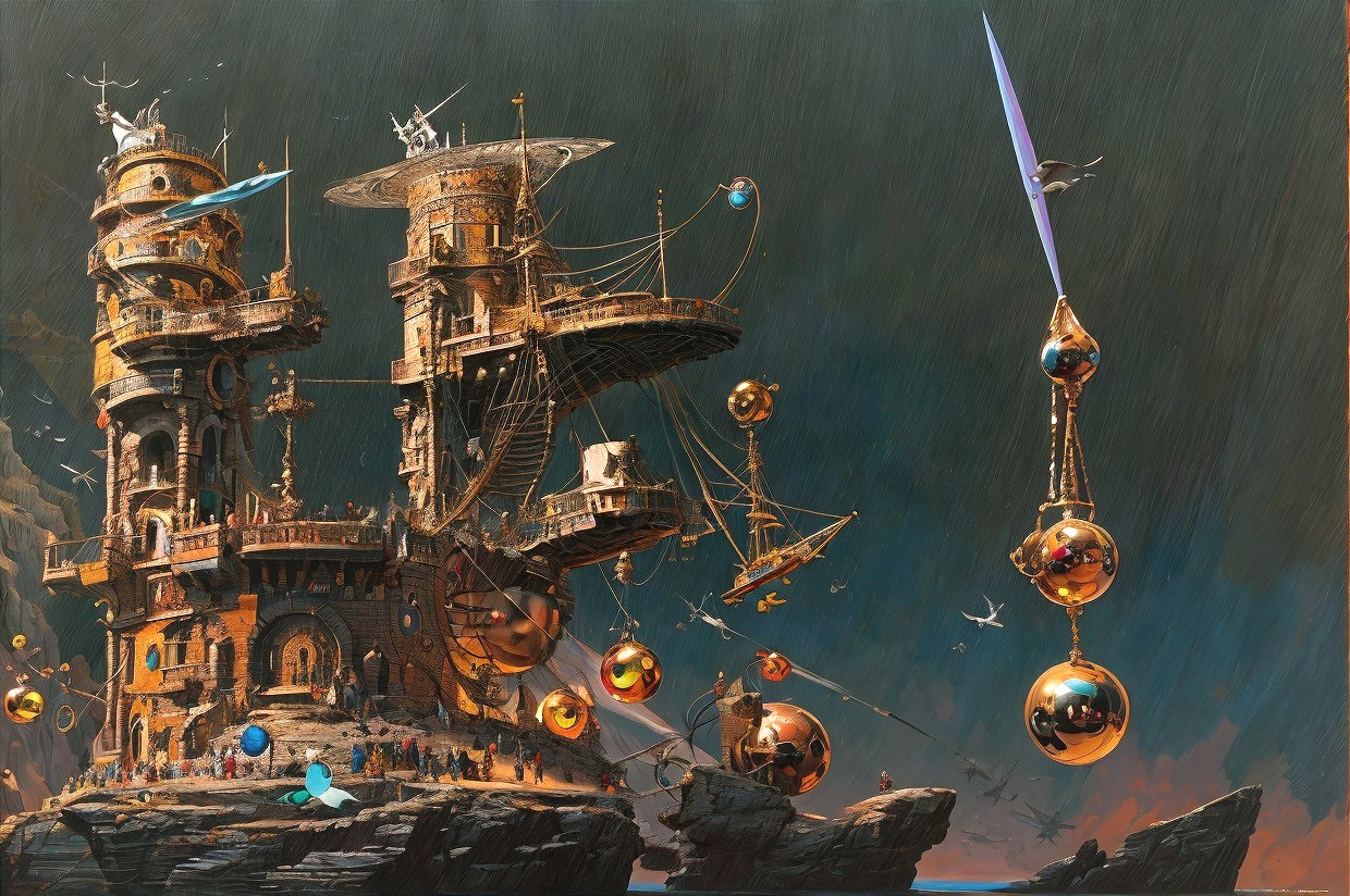 Imaginative Castle with Mechanical Elements and Orbs