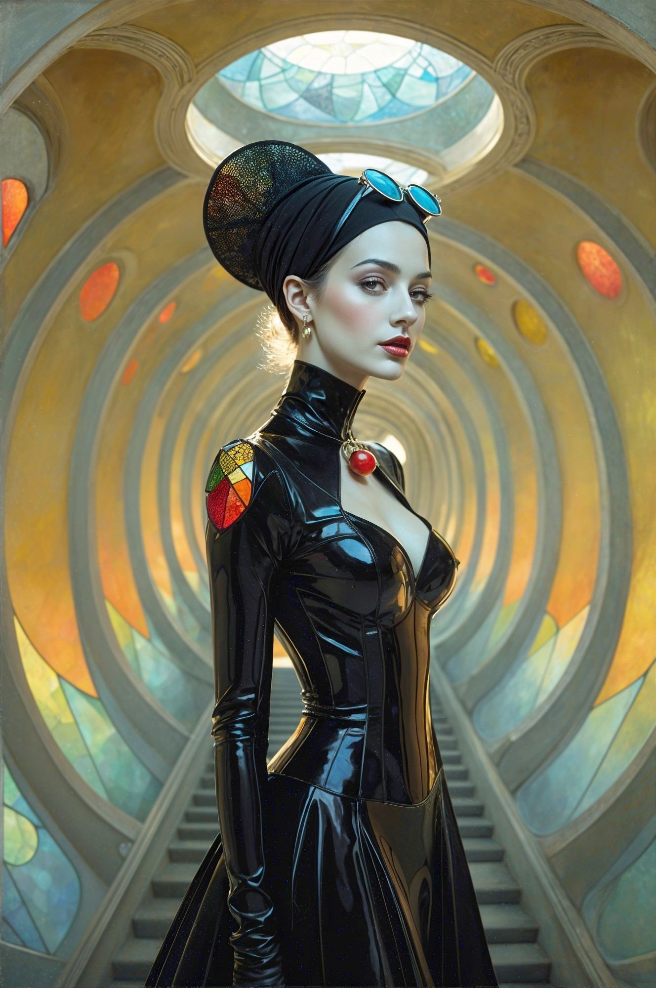 Confident Figure in Black Latex Outfit with Stained Glass