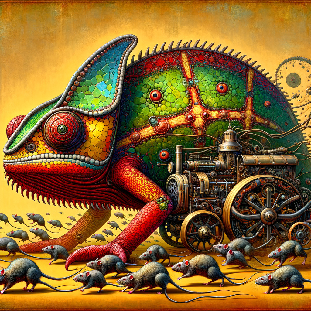 Colorful Chameleon on Mechanical Contraption with Mice