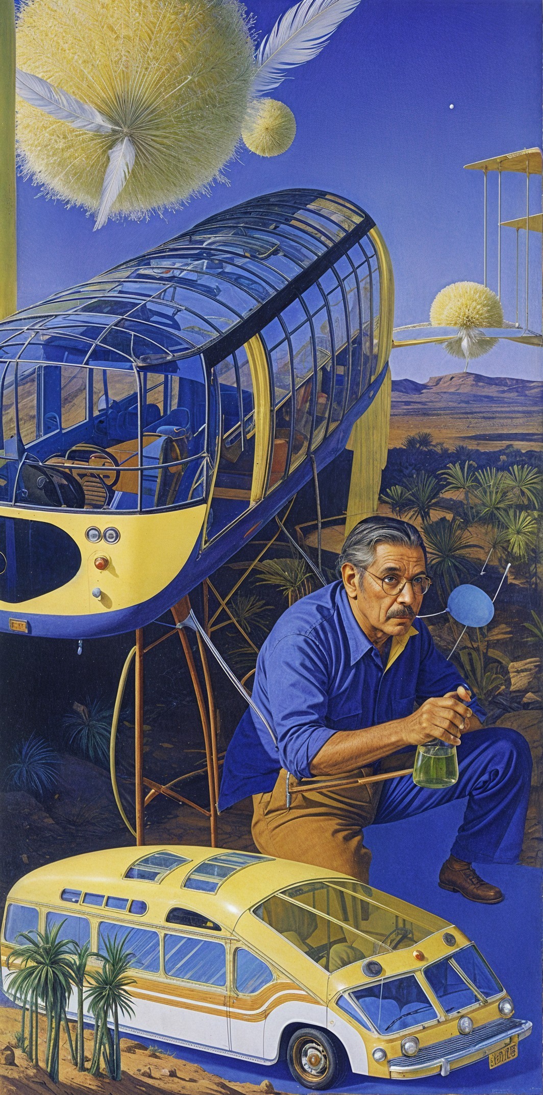 Surreal Artwork of Futuristic Bus in Desert Landscape