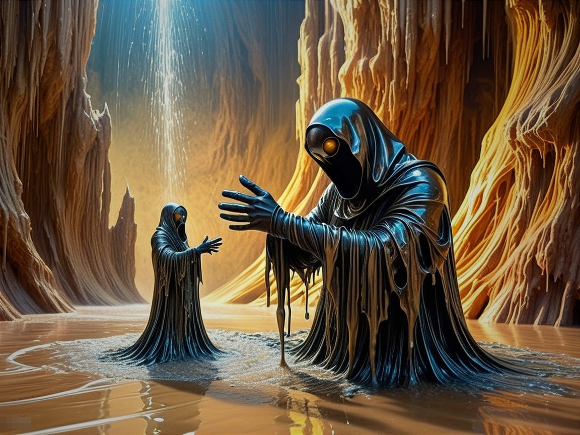 Surreal Cavern with Hooded Figures and Organic Formations