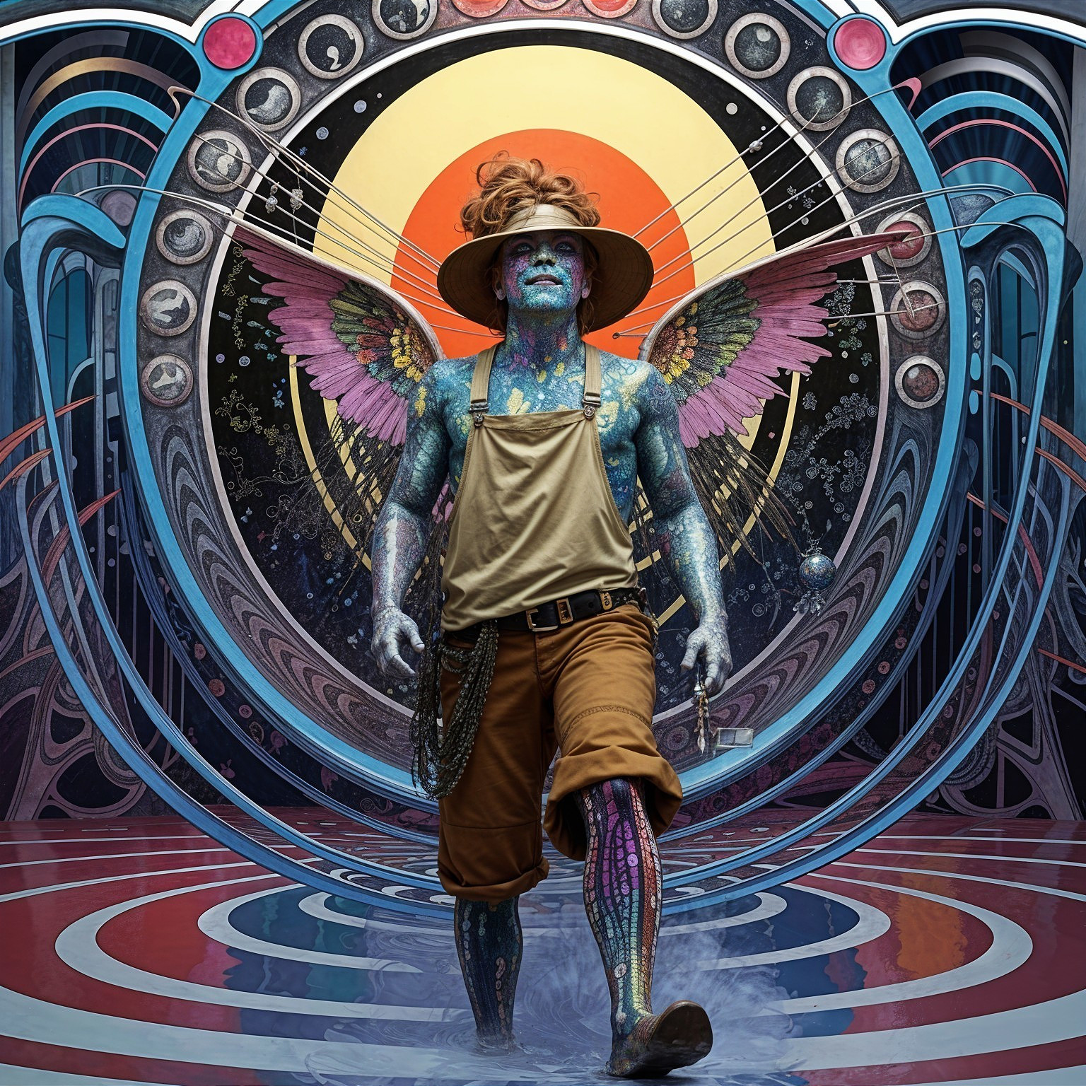 Vibrant Tattooed Figure with Cosmic Backdrop and Wings