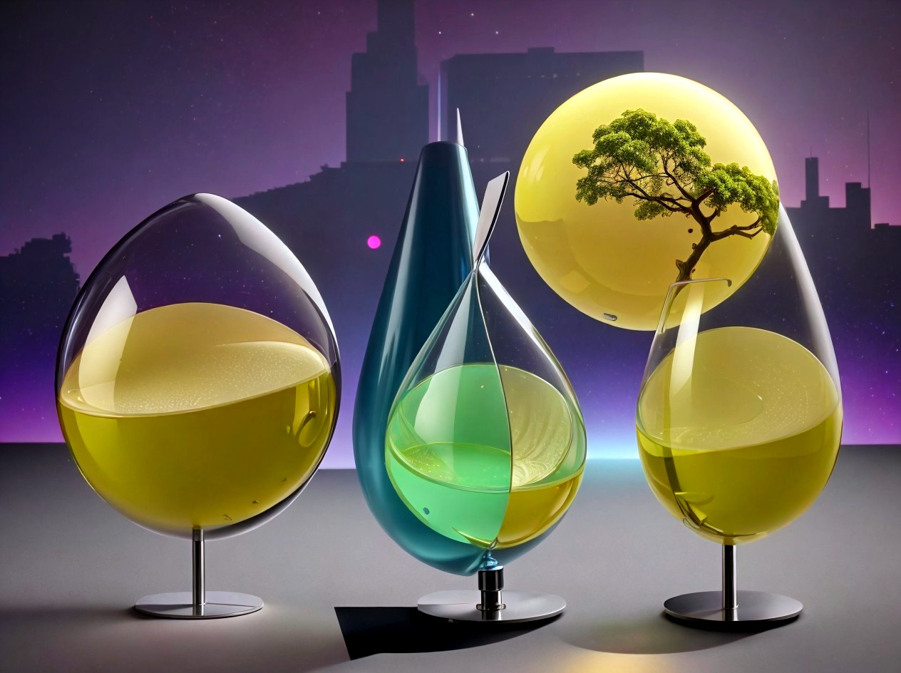 Glass Sculptures with Colorful Liquids and Miniature Tree