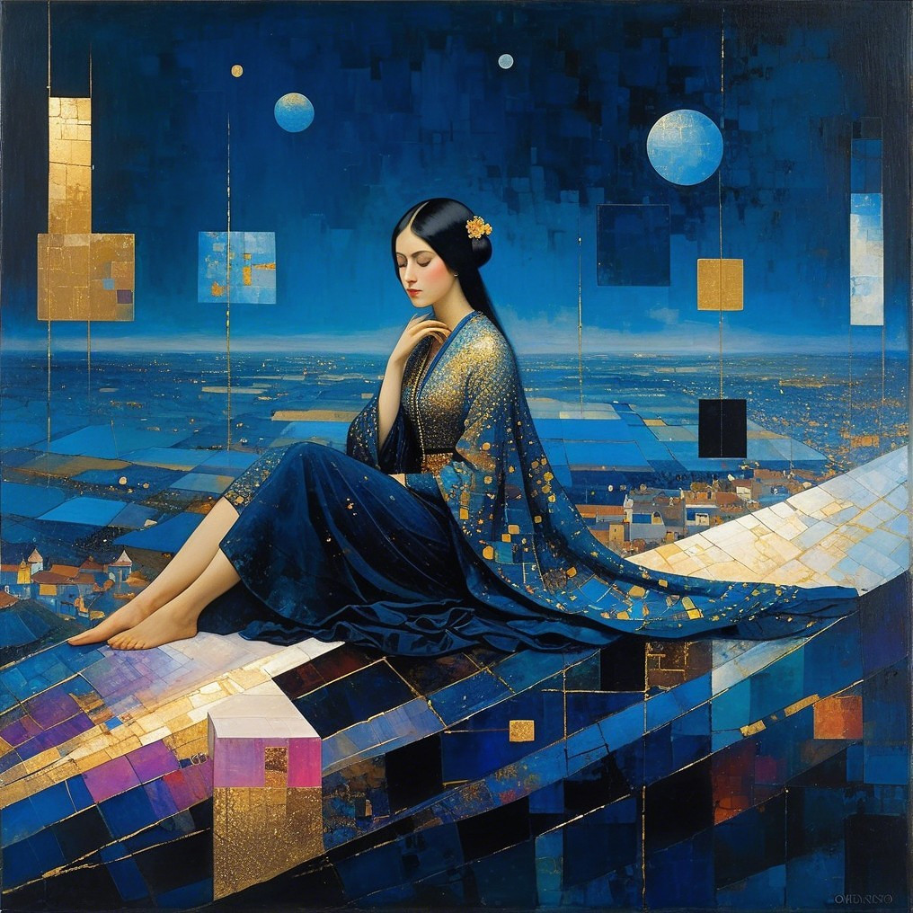 Serene Woman in Blue Gown under Dual Moons