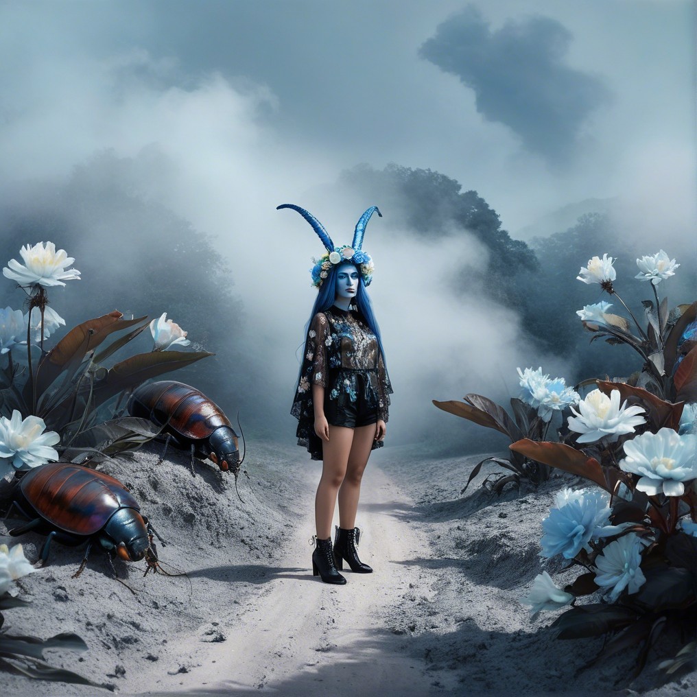 Surreal Landscape with Blue-Haired Figure and Beetles