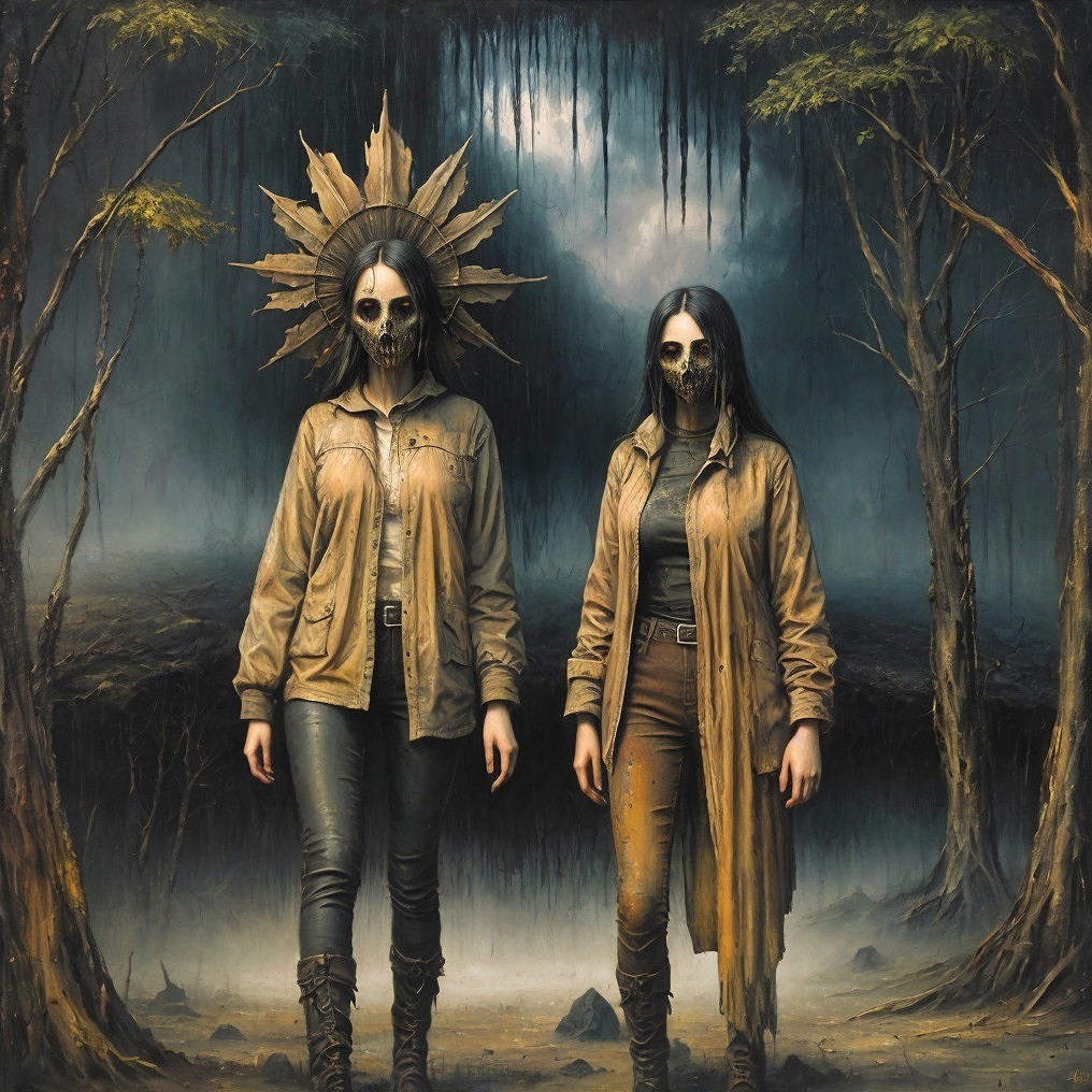 Figures in Skull Masks in a Dark Mystical Forest
