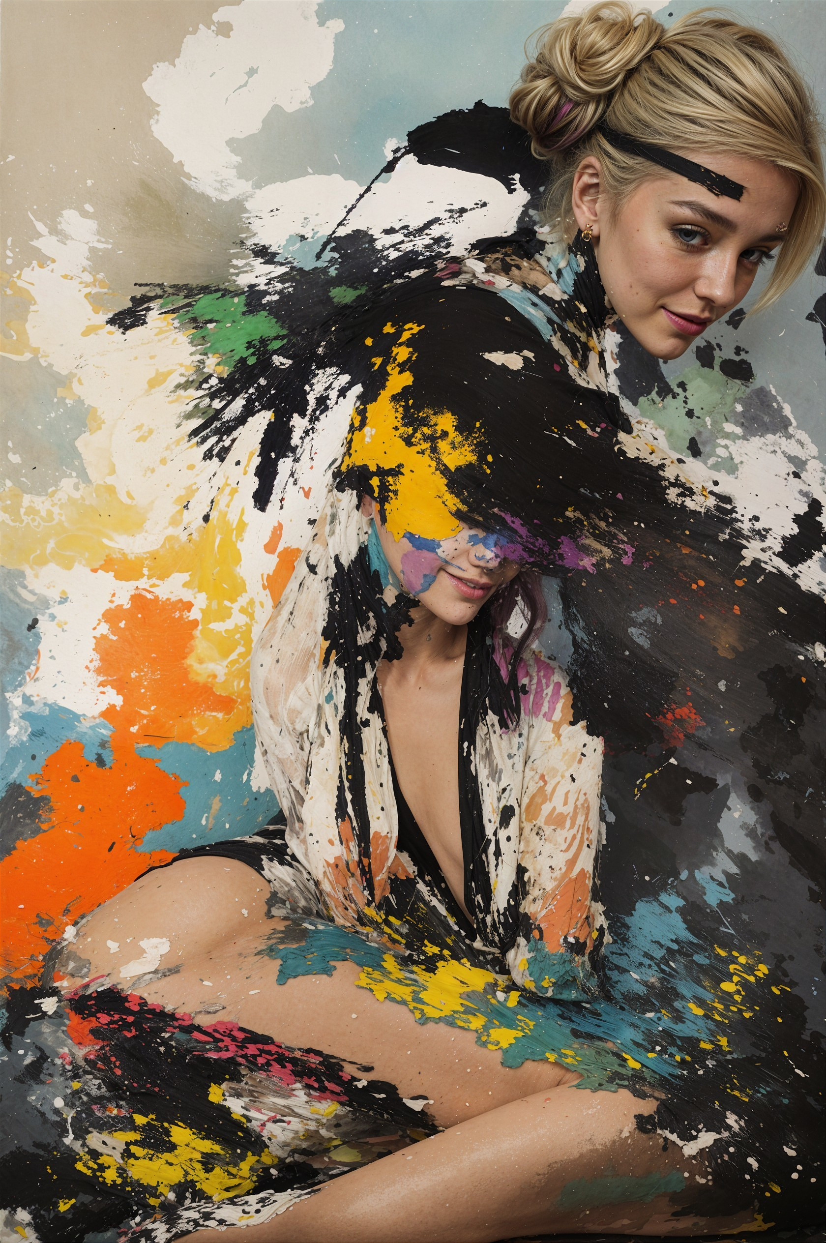 Intertwined Figures with Vibrant Abstract Background
