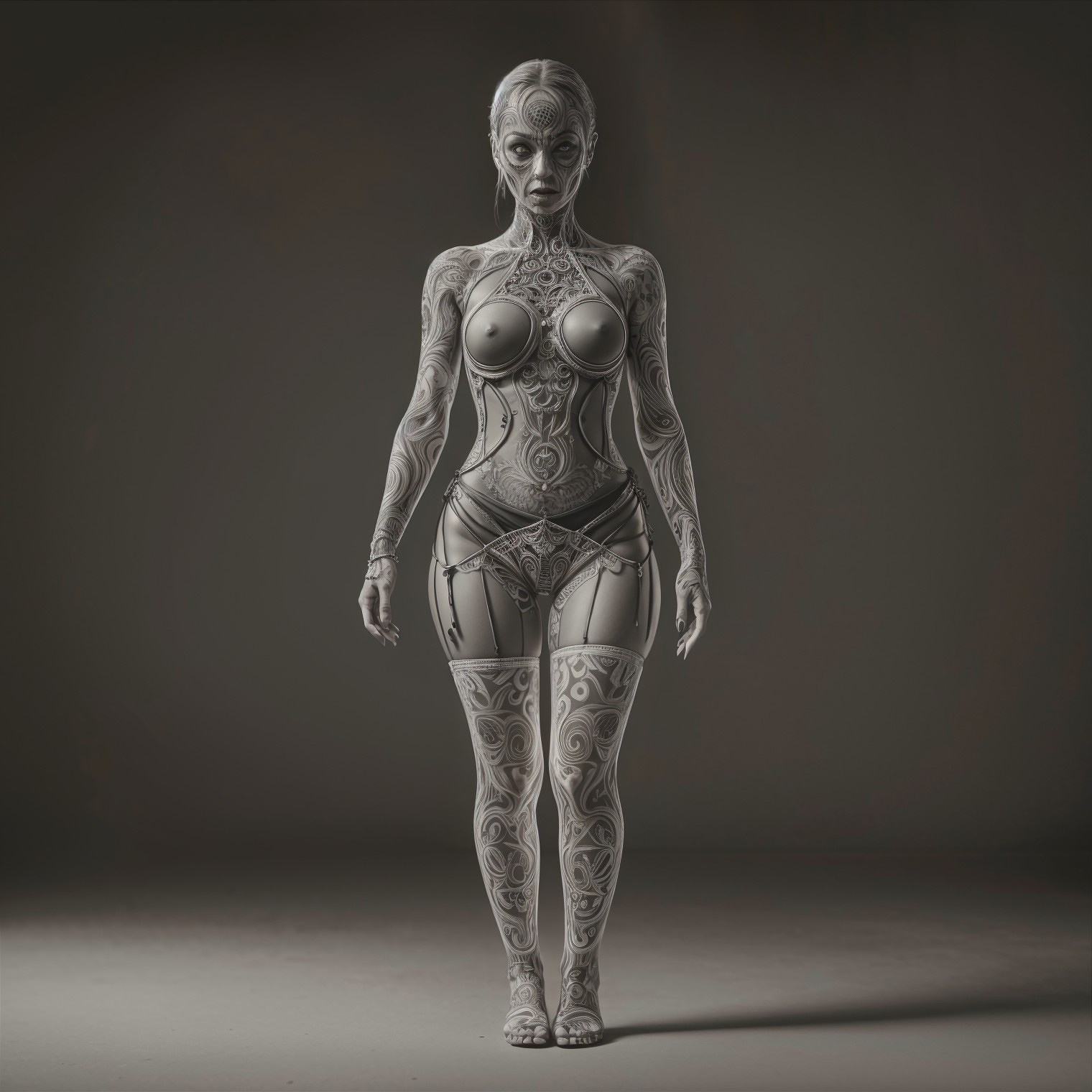 Stylized Figure with Intricate Body Art and Tattoos