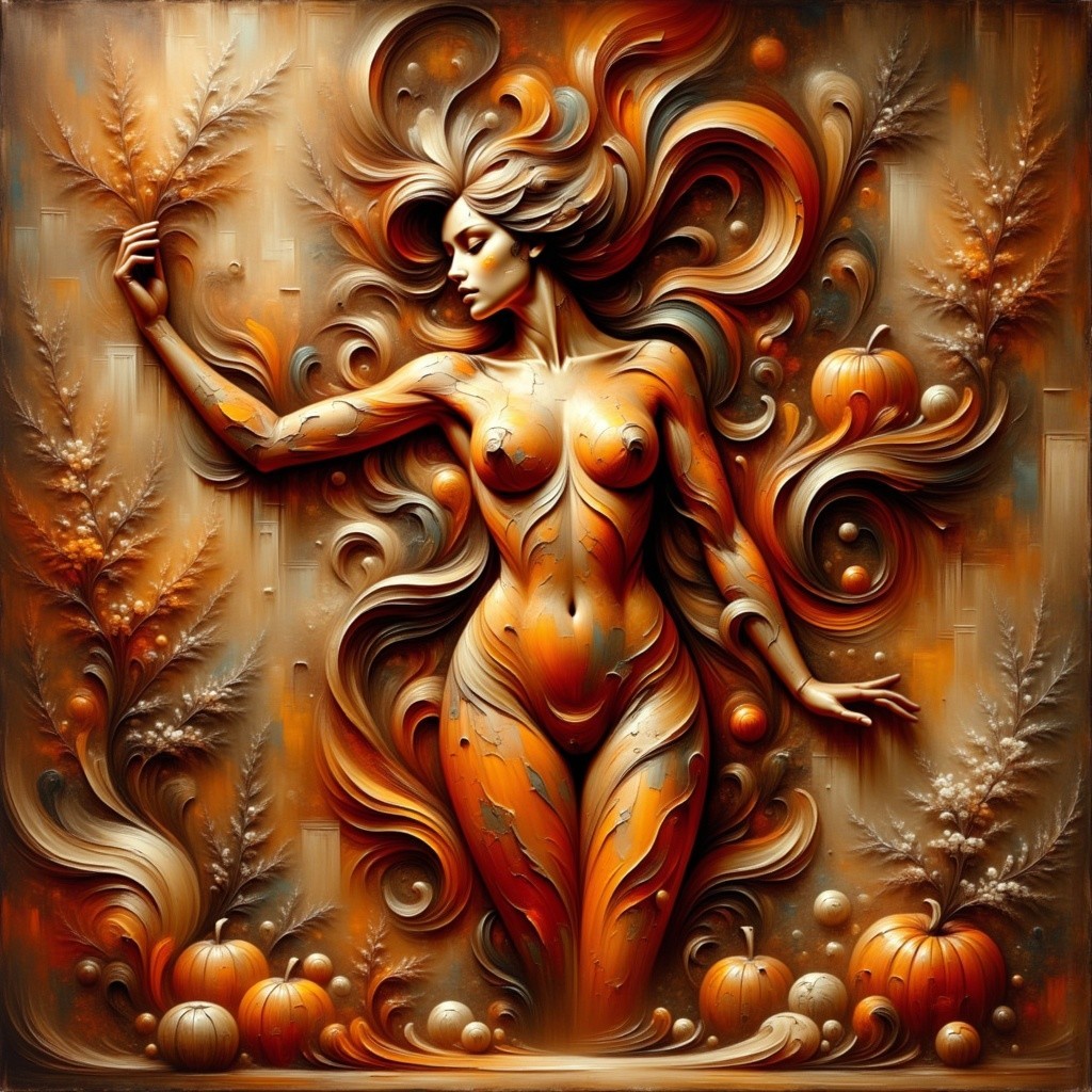 Abstract Art of Nude Woman with Autumn Leaves and Pumpkins