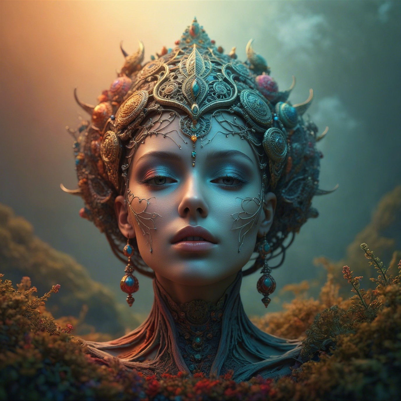 Ethereal Woman in Ornate Jewelry Surrounded by Nature