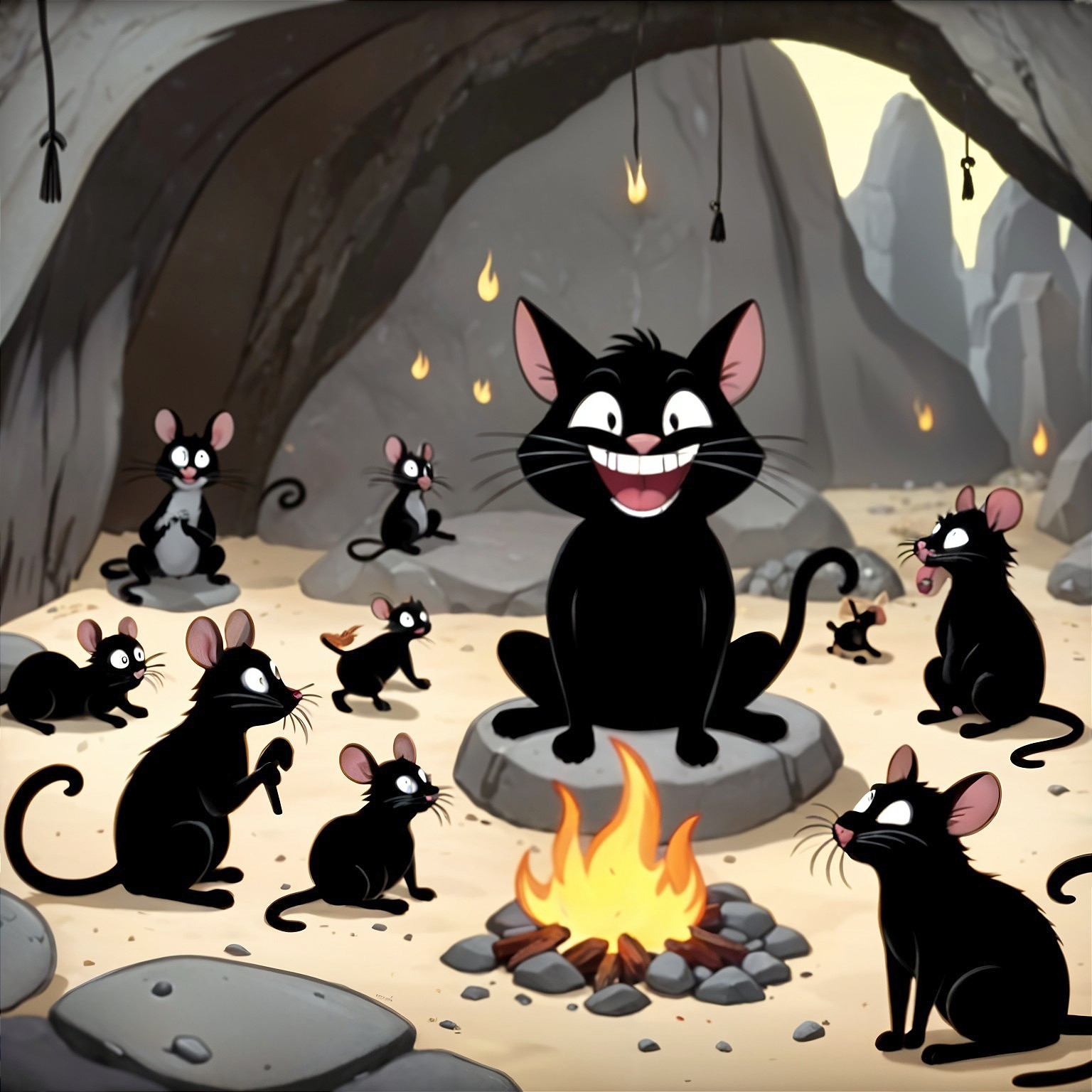 Animated Black Cats Gather Around Campfire in Cave