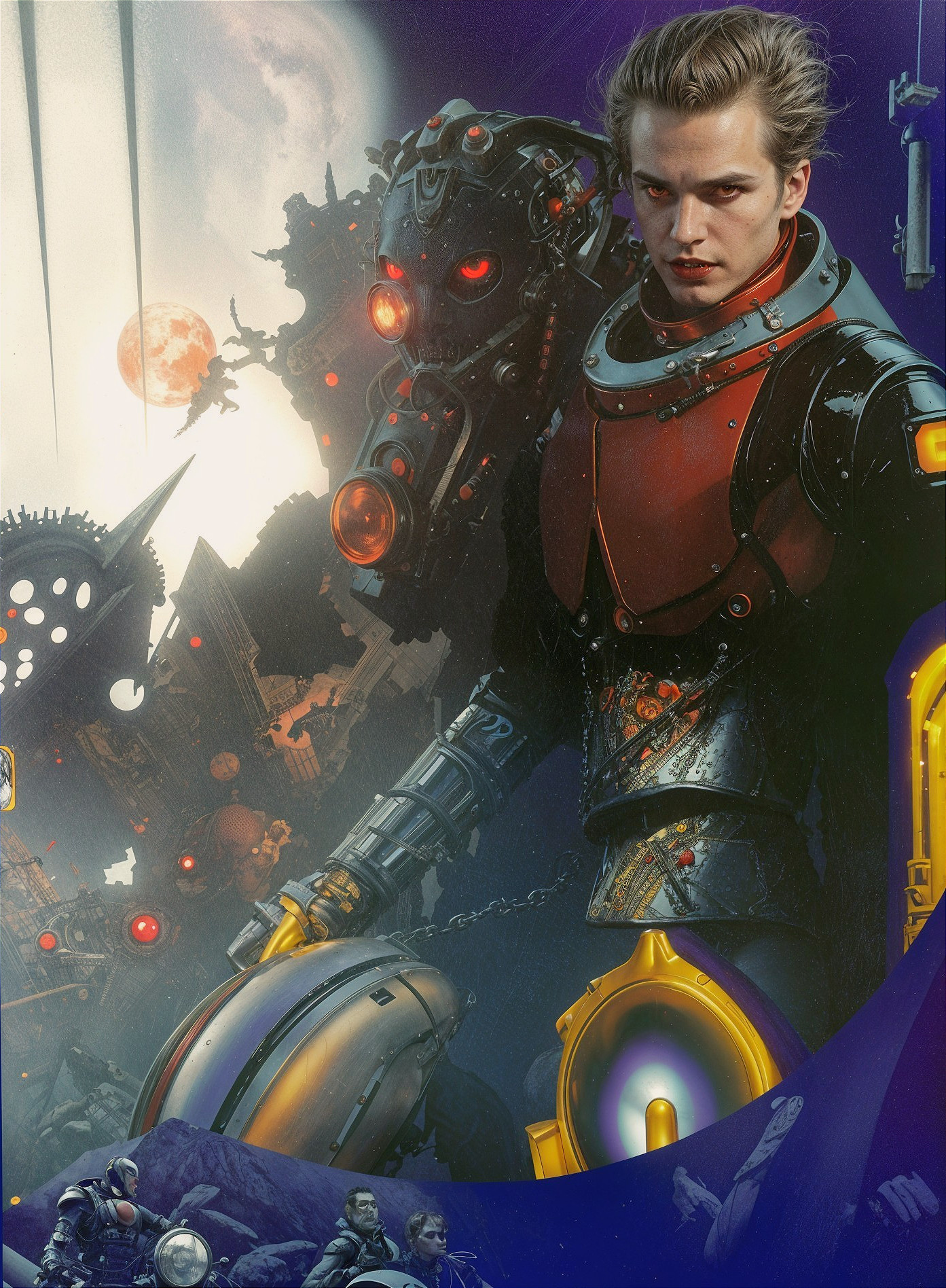 Futuristic scene with young male in metallic suit and robot