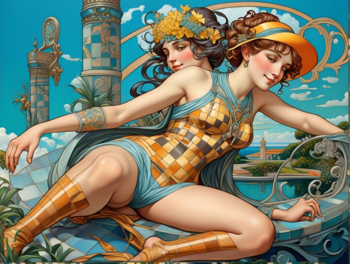 Elegantly Dressed Women in Art Nouveau Setting